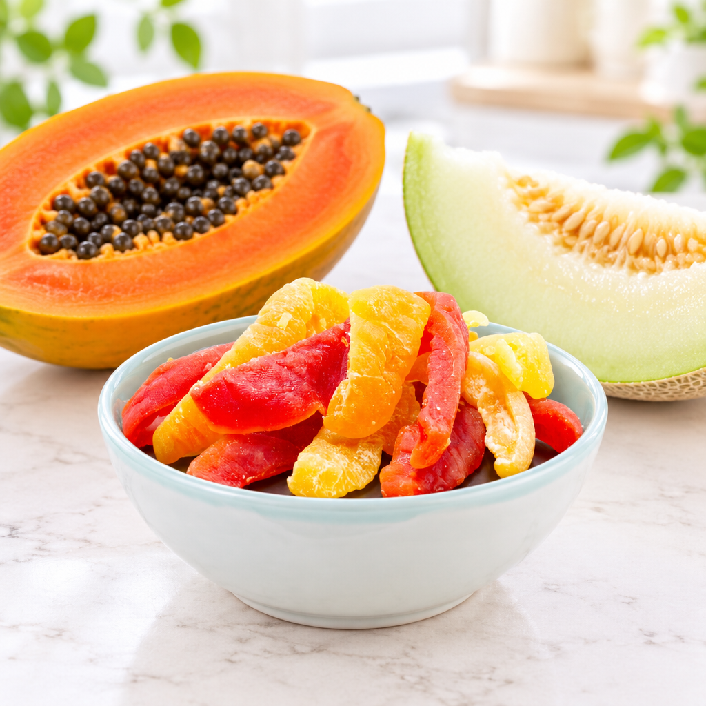 Papaya and melon strips (dried, candied)