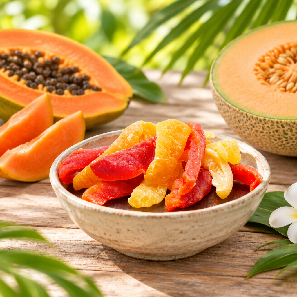 Papaya and melon strips (dried, candied)