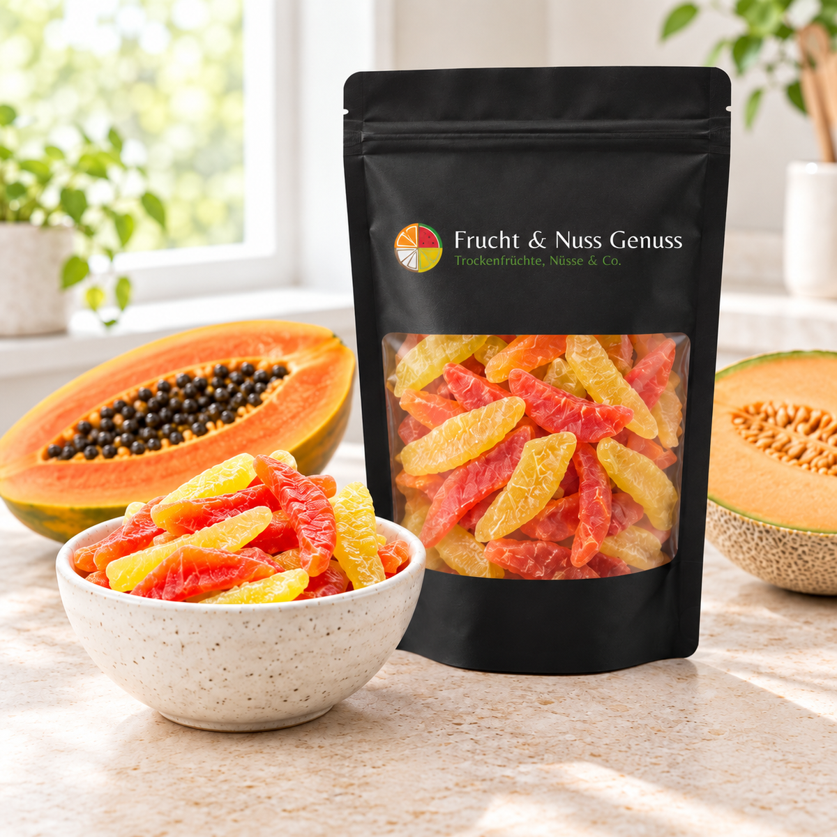 Papaya and melon strips (dried, candied)